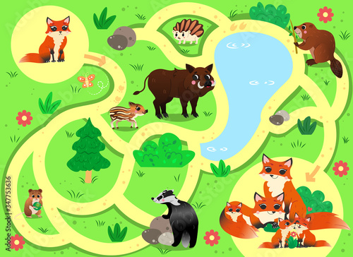 Help the little lost fox find the way to his family. Color maze or labyrinth game for preschool children. Puzzle. Tangled road. Forest animals for kids