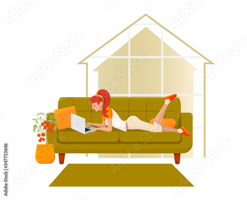 Distance working or freelance vector illustration. Young woman or girl laying on the sofa with laptop or notebook computer working at home. Daily routine of freelance worker concept.
