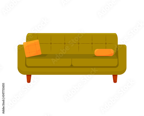 Green sofa with orange or yellow pillows isolated vector illustration. Cozy trendy interior soft furniture concept.