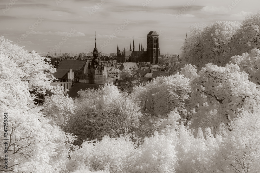 Old Town of Gdansk. View form fortress of Gora Gradowa. Green vegetation in infrared. Old Town of Gdansk. View form fortress of Gora Gradowa. Green vegetation in infrared.