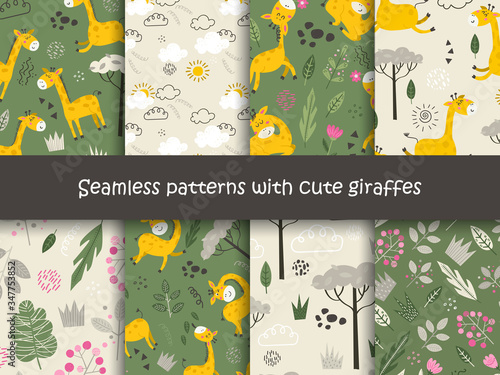 Canvas Print Set of seamless patterns with Giraffes and plants.