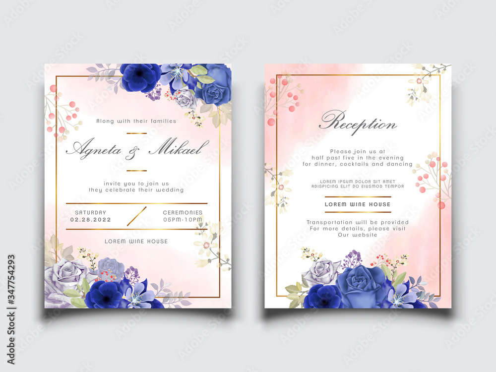 wedding invitation template with beautiful flower and leaves