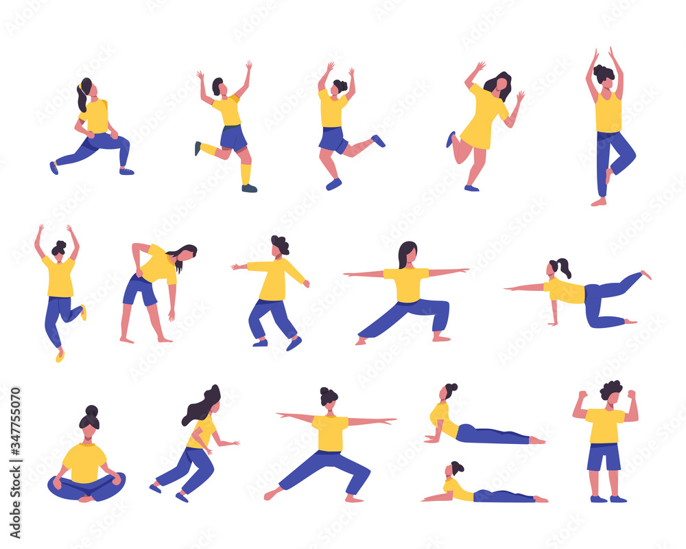 Set of girls doing sport or yoga vector flat illustration isolated on white background.