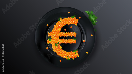 Euro sign made from red caviar on a black dish.