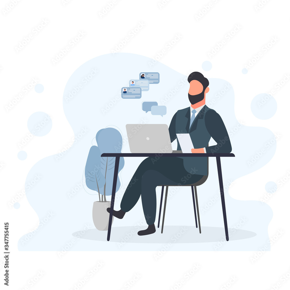 Fototapeta premium A man works on a laptop. The guy is sitting at the table with a laptop. Flat style. Good for image work, office, hiring staff. Vector illustration