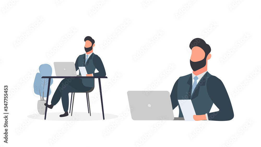 A man works on a laptop. The guy is sitting at the table with a laptop. Flat style. Good for image work, office, hiring staff. Vector illustration