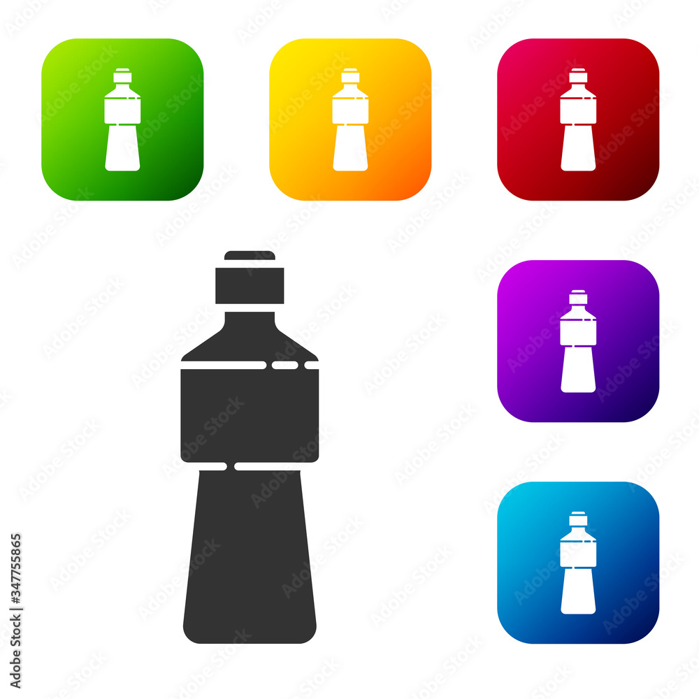 Black Bottle of water icon isolated on white background. Soda aqua drink sign. Set icons in color square buttons. Vector Illustration Black Bottle of water icon isolated on white background. Soda aqua drink sign. Set icons in color square buttons. Vector Illustration