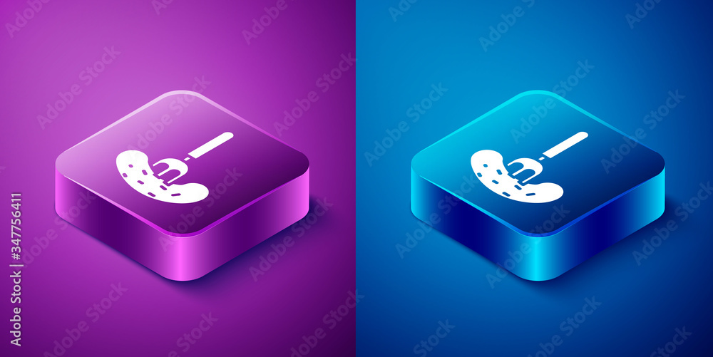 Isometric Pickled cucumber on a fork icon isolated on blue and purple background. Square button. Vector Illustration Isometric Pickled cucumber on a fork icon isolated on blue and purple background. Square button. Vector Illustration