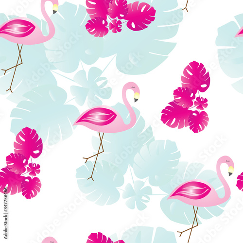 seamless pattern with flamingos and tropical leaves - pink and blue theme