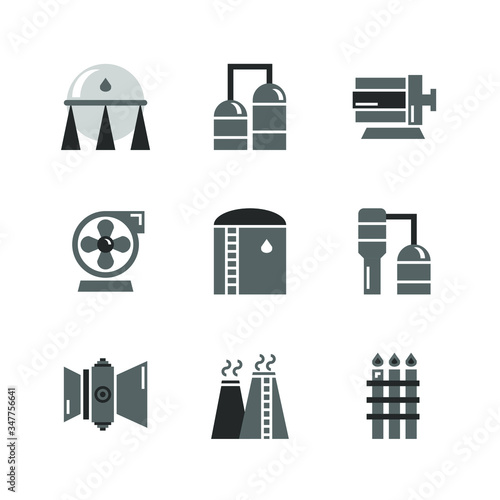 Heavy Oil and gas industrial icon set,tank,refinery columns,motor and pump,gas turbine engine,stack and flare