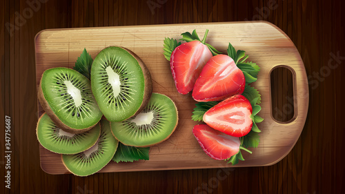 Chopped kiwi and strawberries on a cutting board.