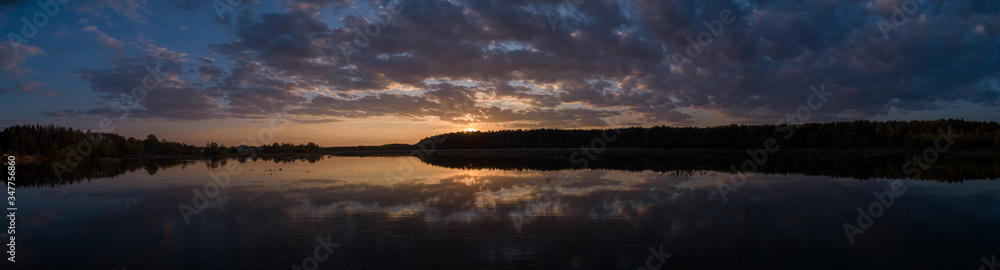 Panorama of sunset lake forest Ukraine