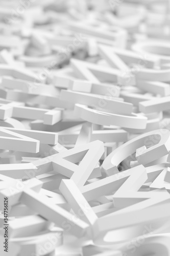 Heap of white monochrome alphabetic character letters background, literature, education, know-how or writing concept