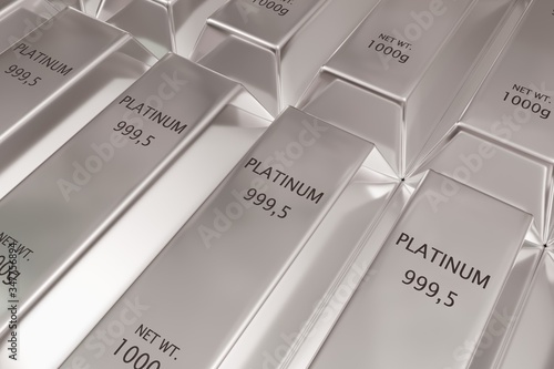 Stacked rows of shiny platinum ingots or bars background - precious metal or money investment concept photo
