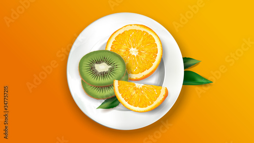 Sliced kiwi and orange on a white plate.