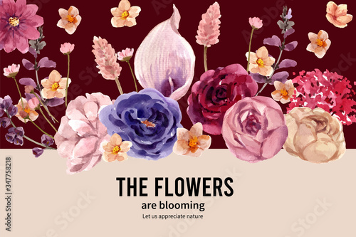 Floral wine frame design with Anthurium, allium bulbs, lisianthus watercolor illustration.