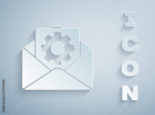 Paper cut Envelope setting icon isolated on grey background. Paper art style. Vector Illustration