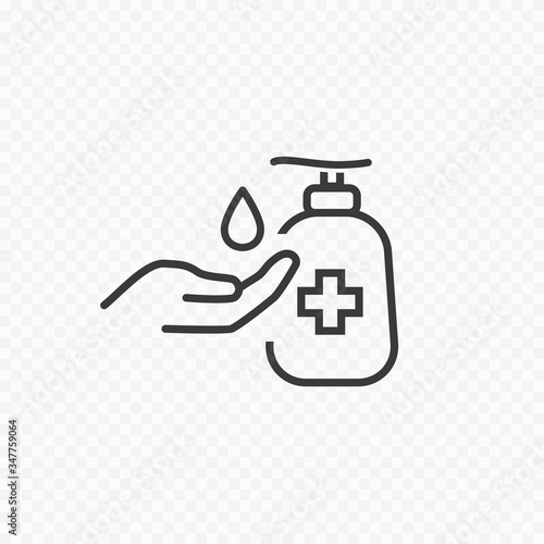 Icon of hygiene procedure, disease prevention. Vector sanitizer and antiseptic alcohol gel symbol. Healthcare wash hands with soap, antibacterial sign