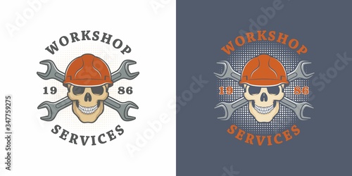 Set of color illustrations skull in helmet and crossed wrenches with text on a colored background. Vector illustration advertises repair shop services. Workshop logo.