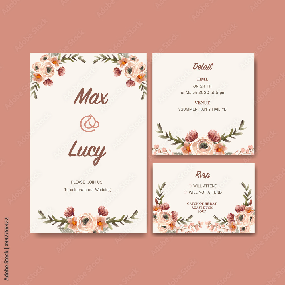 Floral wine wedding card design with Poaceae watercolor illustration