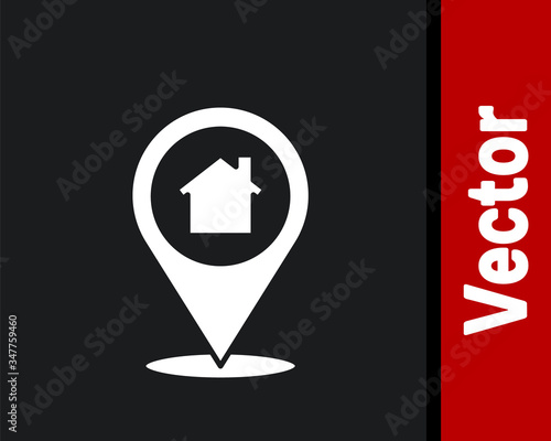 White Map pointer with house icon isolated on black background. Home location marker symbol.  Vector Illustration