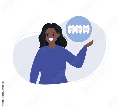 African woman in braces. Brackets system,on female teeth. Orthodontic services. Vector illustration in flat style.