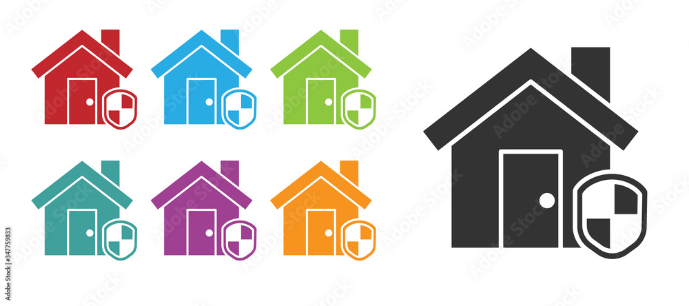 Black House under protection icon isolated on white background. Home and shield. Protection, safety, security, protect, defense concept. Set icons colorful. Vector Illustration Black House under protection icon isolated on white background. Home and shield. Protection, safety, security, protect, defense concept. Set icons colorful. Vector Illustration