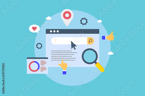 Keyword research seo website content flat on a blue background