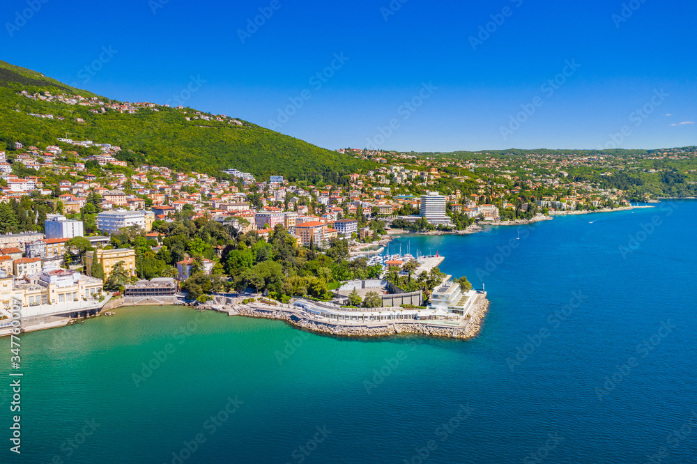 Croatia, town of Opatija, popular tourist resort, aerial panoramic view of beautiful coastline in Kvarner