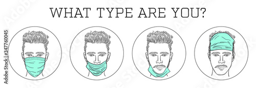 Illustration of different habits of wearing a medical face mask. How not to use surgical mask.
