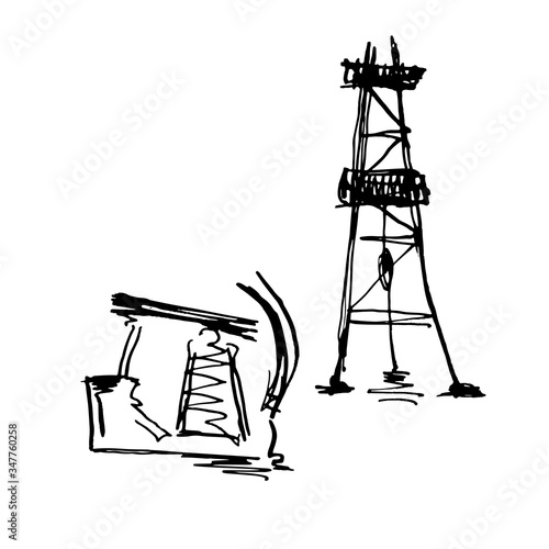 derrick and pump jack. oil industry. set hand drawn flourish ink sketches. black and white