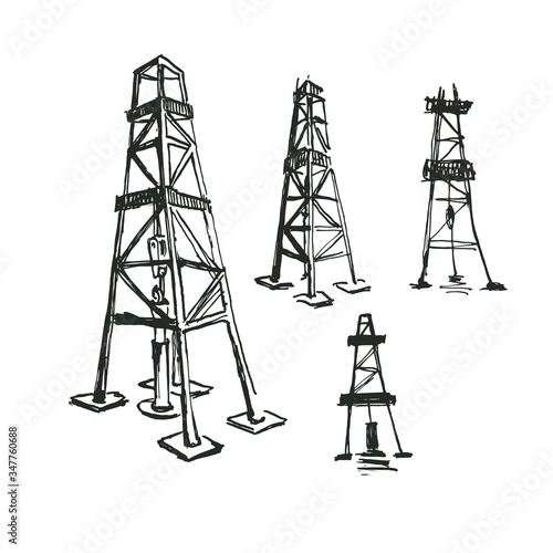 derrick. oil industry. set of hand drawn ink sketches. black and white