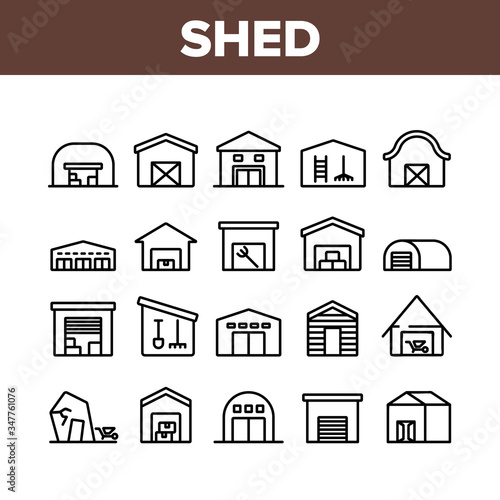 Shed Construction Collection Icons Set Vector. Shed Building For Storaging Pitchfork And Rake, Shovels And Trolley, Falling Apart Storage Concept Linear Pictograms. Monochrome Contour Illustrations photo
