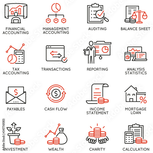 Vector Set of Linear Icons Related to Finance Report, Accounting, Portfolio and Calculation. Mono Line Pictograms and Infographics Design Elements