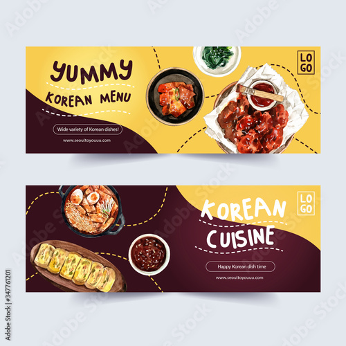 Korean food banner design with Buchimgae, Chicken, ramen  watercolor illustration
