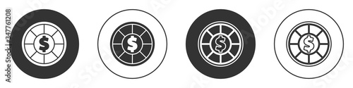 Black Casino chips icon isolated on white background. Casino gambling. Circle button. Vector Illustration