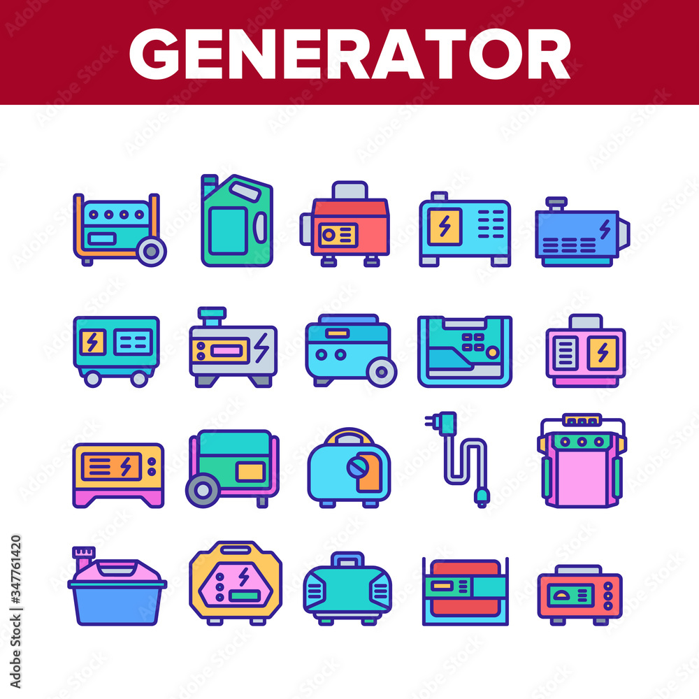 Portable Generator Collection Icons Set Vector. Generator Equipment For Generating Electricity, Fuel Bottle Package And Electrical Cord Concept Linear Pictograms. Color Illustrations Portable Generator Collection Icons Set Vector. Generator Equipment For Generating Electricity, Fuel Bottle Package And Electrical Cord Concept Linear Pictograms. Color Illustrations