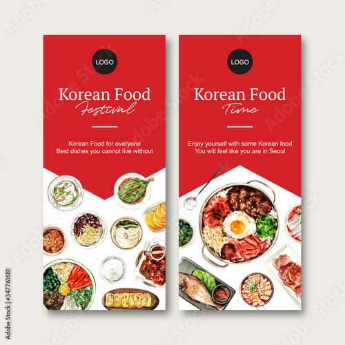 Korean food flyer design with bibimbap watercolor illustration.
