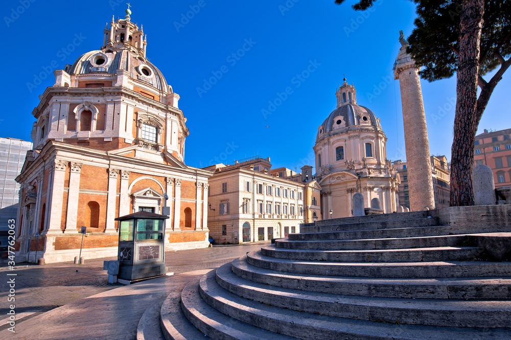 Empty streets of Rome.view of Santa Maria di Loreto in eternal city of Rome