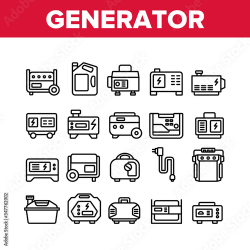 Portable Generator Collection Icons Set Vector. Generator Equipment For Generating Electricity, Fuel Bottle Package And Electrical Cord Concept Linear Pictograms. Monochrome Contour Illustrations