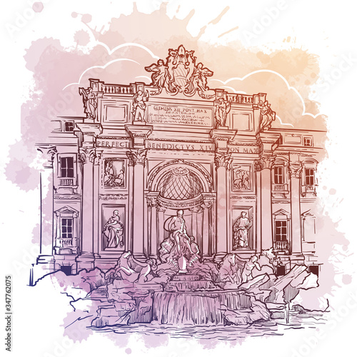 The Trevi Fountain in Rome, Italy. Vintage design in soft pastel colors. Linear sketch on a watercolor textured background. EPS10 vector illustration