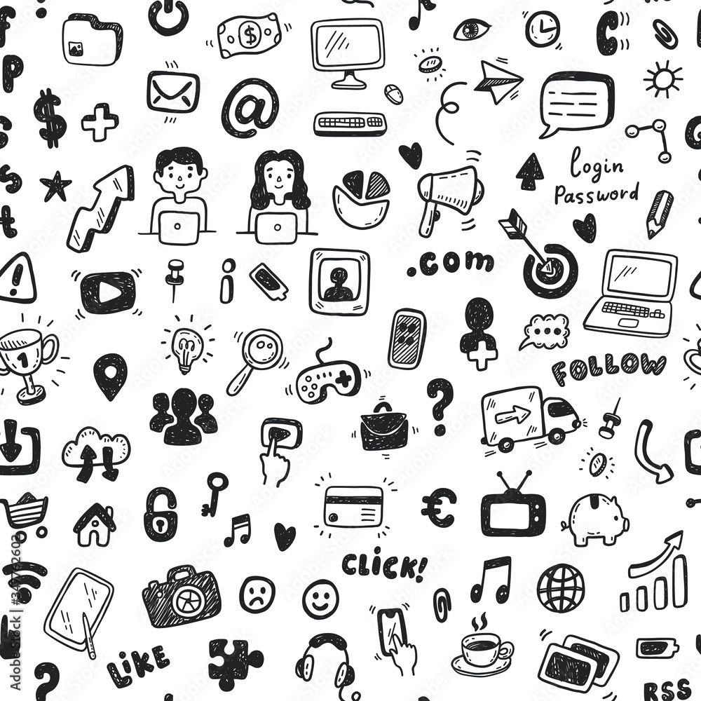 Hand drawn Social Media, digital marketing, internet network seamless pattern. Doodle and sketch style icons. Hand drawn Social Media, digital marketing, internet network seamless pattern. Doodle and sketch style icons.