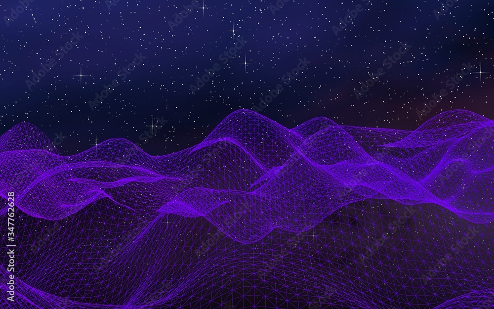 Abstract ultraviolet landscape on a dark background. Purple cyberspace grid. hi tech network. Outer space. Violet starry outer space texture. 3D illustration Abstract ultraviolet landscape on a dark background. Purple cyberspace grid. hi tech network. Outer space. Violet starry outer space texture. 3D illustration