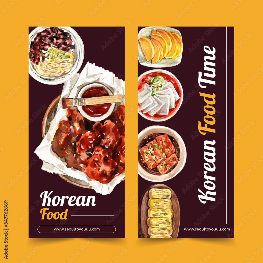 Korean food flyer design with spicy chicken, ddukbokki watercolor illustration.