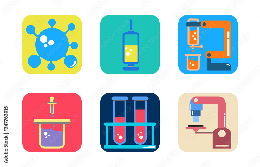 Icon set of healthcare equipment laboratory and Covid-19-Virus, microscope, Syringe, experiment and vaccine Icon set of healthcare equipment laboratory and Covid-19-Virus, microscope, Syringe, experiment and vaccine