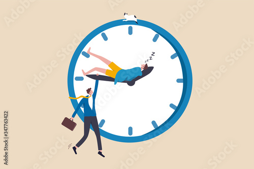 Work life balance, work overtime, people work late when work from home, personal time blend with working hours concept, tired businessman holding clock minute hand while same one sleeping on hour hand