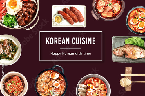 Korean food frame design with ramyeon, soup watercolor illustration.
