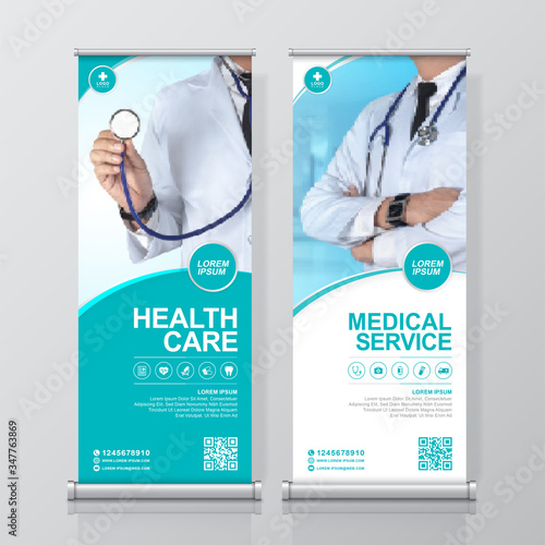 Healthcare and medical roll up design, standee banner template for exhibition