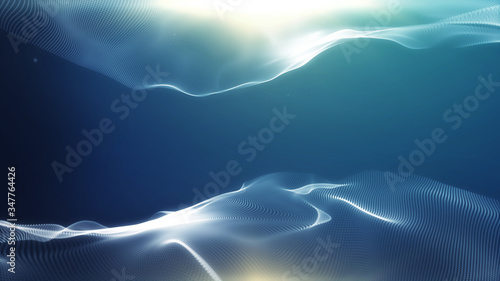 Digital Blue Particles Wave and light abstract background with shining floor particle flare on gradient blue black background.