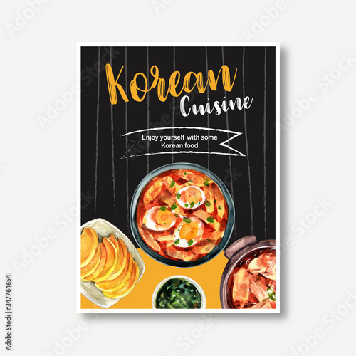 Korean food poster design with Tteokbokki, egg, radish watercolor illustration